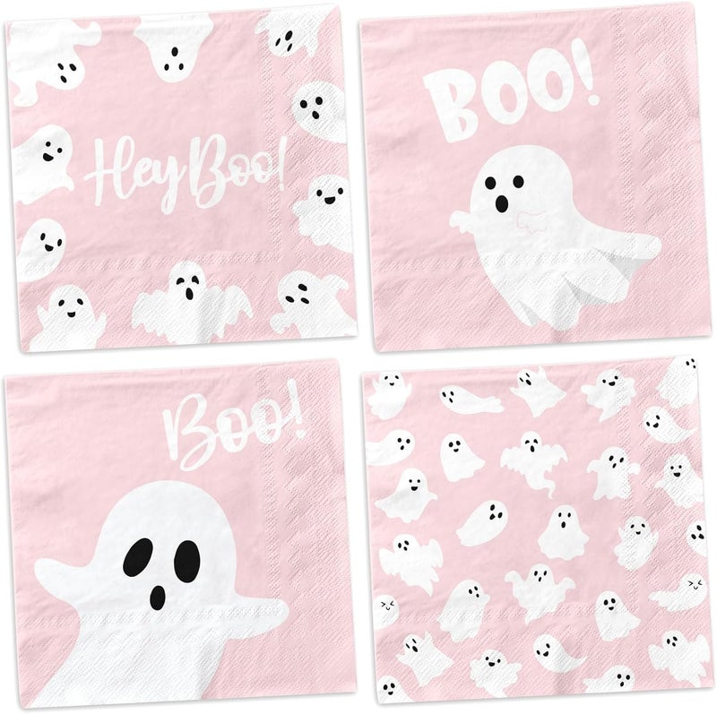 YTGUVBK Halloween Ghost Napkins, 48Pcs Pink Halloween Decor Ghost Paper Napkins Cute Boo Ghost Napkin for halloween Birthday Party Decorations Boo Baby Shower Party Supplies (Pink) - Image 1