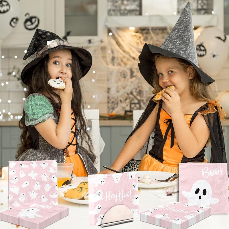 YTGUVBK Halloween Ghost Napkins, 48Pcs Pink Halloween Decor Ghost Paper Napkins Cute Boo Ghost Napkin for halloween Birthday Party Decorations Boo Baby Shower Party Supplies (Pink) - Image 2