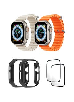 Silicone Ocean Band Strap for Apple Watch Ultra 8 49mm Pearl White/Orange , Case Compatible with Apple Watch Ultra 49mm Black/Black , 2* pcs Watch glass Set of 6