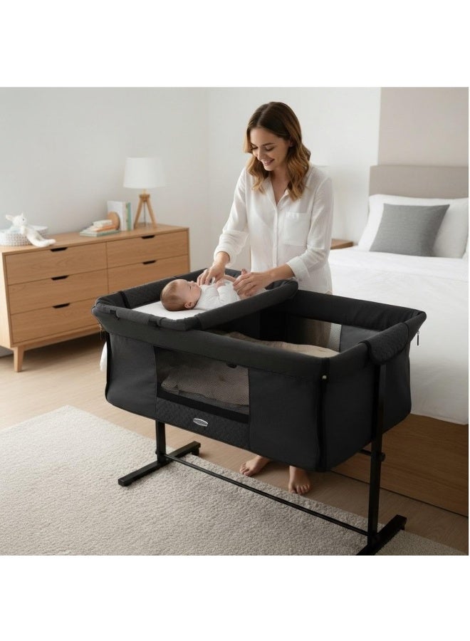 Petit bebe 3 in 1 Baby Bassinet Bedside Sleeper, Bedside Crib for Baby, Adjustable Baby Bassinet with Wheels, Storage Basket, Mattress, Easy Assemble & Folding Portable Baby Cradle_ (black) - Image 3