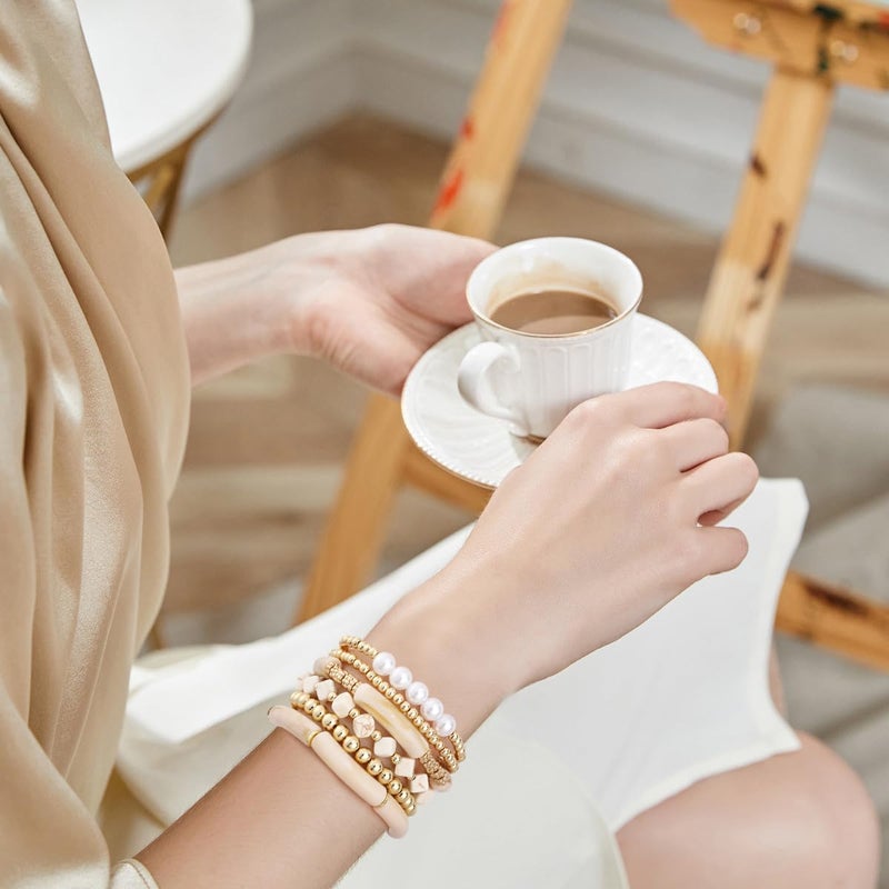GOOJIDS Simple Beaded Gold Plated Bangles Bracelet Chunky Bamboo Tube Curved Stacking Clear Acrylic Colorful Beads Stretchable Gold Plated Bracelets Set For Women - Image 5