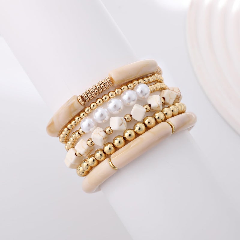 GOOJIDS Simple Beaded Gold Plated Bangles Bracelet Chunky Bamboo Tube Curved Stacking Clear Acrylic Colorful Beads Stretchable Gold Plated Bracelets Set For Women - Image 2