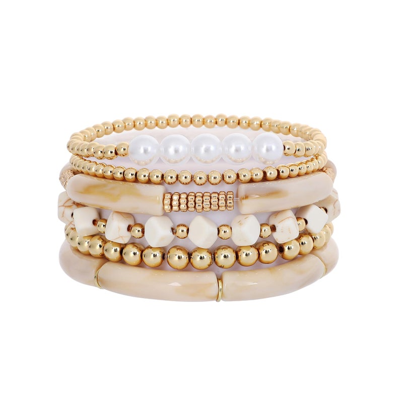 GOOJIDS Simple Beaded Gold Plated Bangles Bracelet Chunky Bamboo Tube Curved Stacking Clear Acrylic Colorful Beads Stretchable Gold Plated Bracelets Set For Women - Image 1