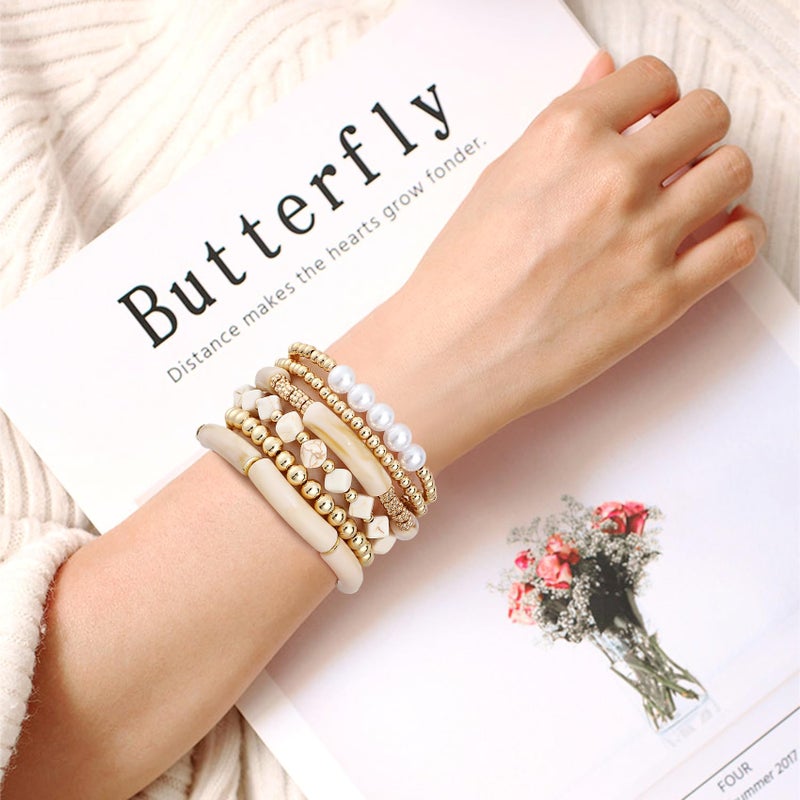 GOOJIDS Simple Beaded Gold Plated Bangles Bracelet Chunky Bamboo Tube Curved Stacking Clear Acrylic Colorful Beads Stretchable Gold Plated Bracelets Set For Women - Image 4