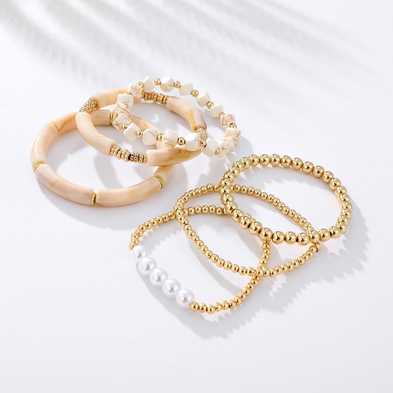 GOOJIDS Simple Beaded Gold Plated Bangles Bracelet Chunky Bamboo Tube Curved Stacking Clear Acrylic Colorful Beads Stretchable Gold Plated Bracelets Set For Women - Image 3