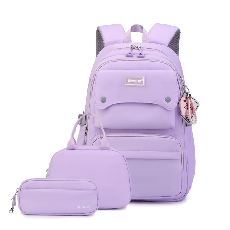 Bansusu 3Pcs Purple Kids Backpack for Teen Girls with Lunchbox Girls Backpack MultiPocket Casual School Bag Purple 02 - Image 2