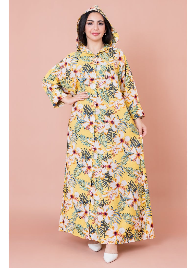 اكسا جلابية منقوشة زهور بقبعة - Image 1