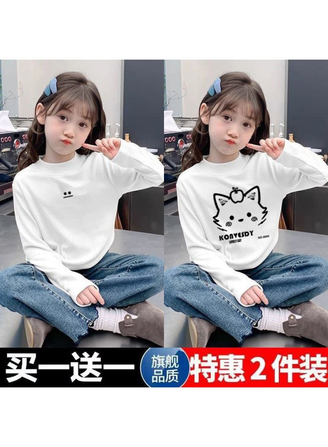 Girls' Double-sided Velvet Long-sleeved T-shirt New Medium And Large Children's Outer Wear Pullover Half Turtleneck Warm Base Layer Shirt