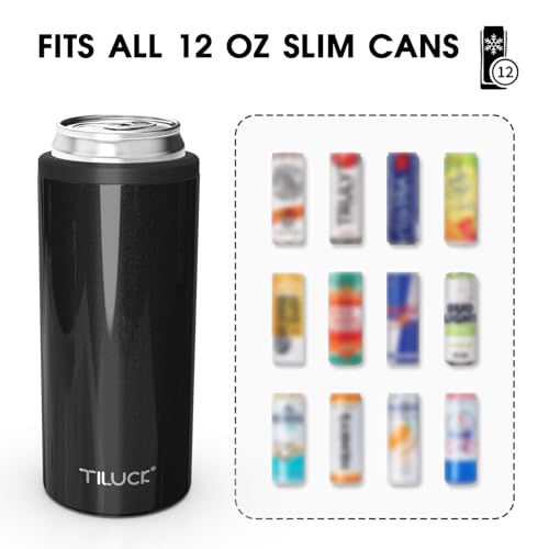 TILUCK Skinny Can Cooler for Slim Beer & Hard Seltzer, Stainless Steel, Doucle-Walled Stainless Steel Insulated Slim Cans, Standard 12 oz (Glitter Black) - Image 3