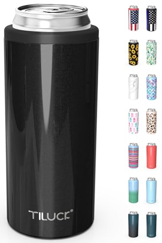 TILUCK Skinny Can Cooler for Slim Beer & Hard Seltzer, Stainless Steel, Doucle-Walled Stainless Steel Insulated Slim Cans, Standard 12 oz (Glitter Black) - Image 1