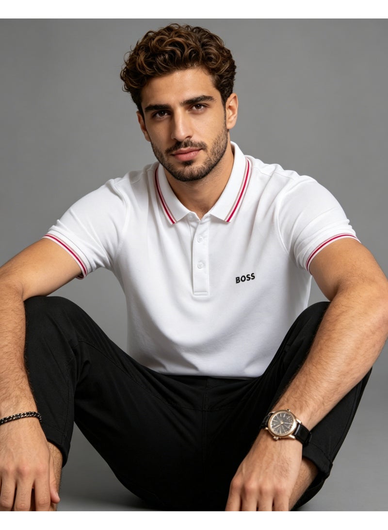 BOSS Men’s Clean Cotton Polo Shirt with Multi-Color Trim - White - Image 1