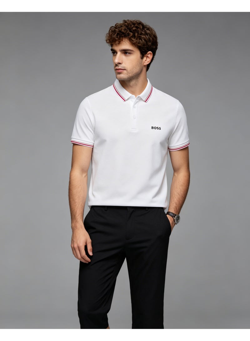 BOSS Men’s Clean Cotton Polo Shirt with Multi-Color Trim - White - Image 2