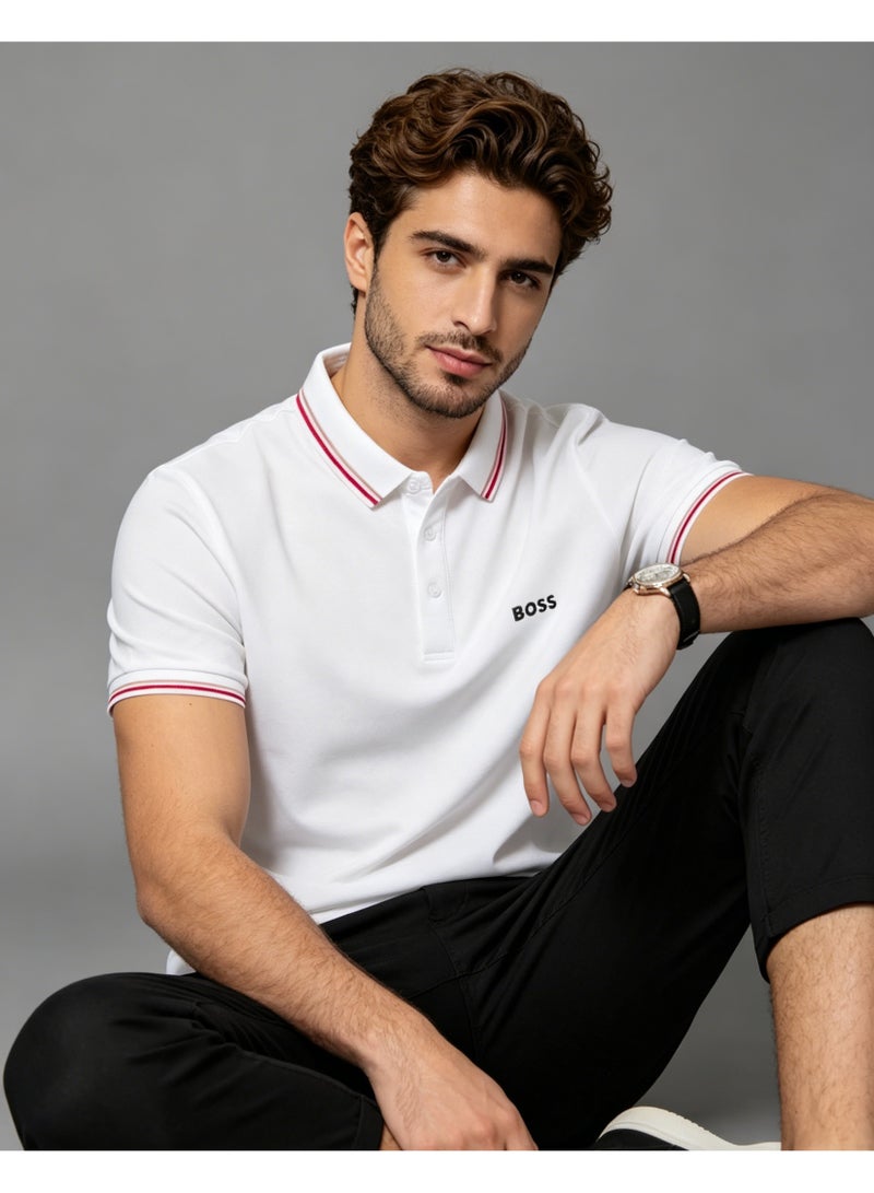 BOSS Men’s Clean Cotton Polo Shirt with Multi-Color Trim - White - Image 4