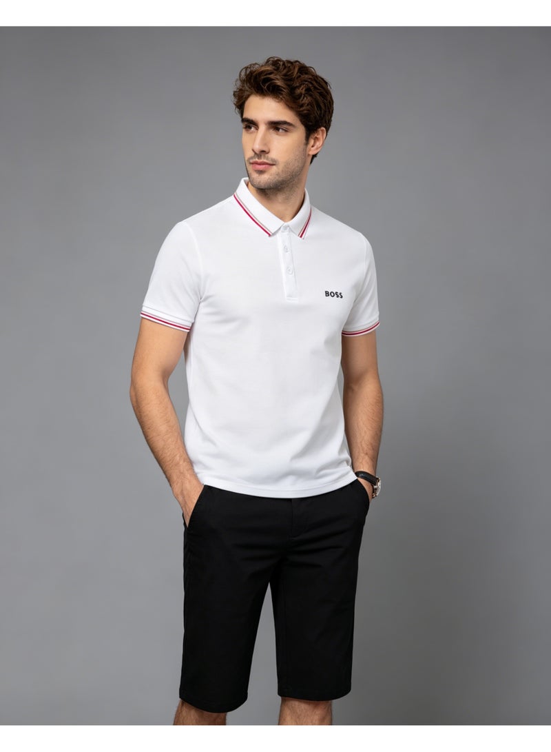 BOSS Men’s Clean Cotton Polo Shirt with Multi-Color Trim - White - Image 5