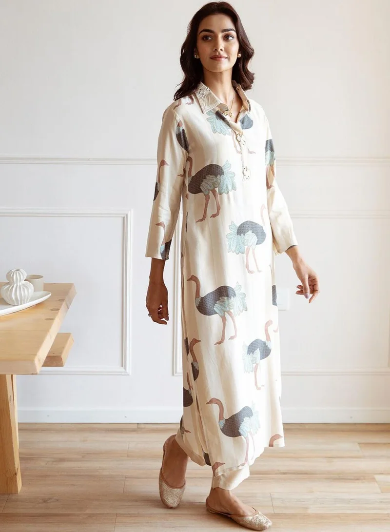ISHIN  Women'S Cream Rayon Embellished Regular Fit Kurta Set for Women | Best Price UAE