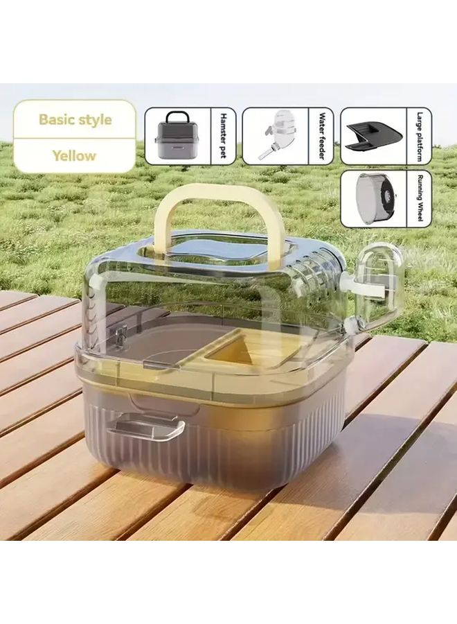 Transparent Yellow Portable Hamster Cage with Wheel Water Bottle Feeder Removable Base Travel Carrier - Image 1