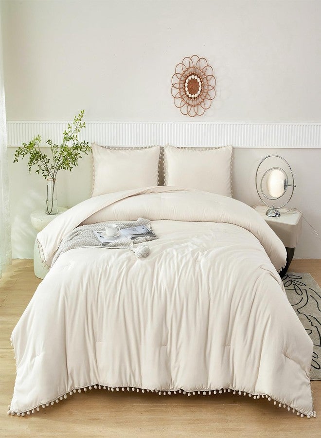PERFEMET Beige Bed in A Bag Full Size 5 Pieces Aesthetic Pom Pom Bedding with Sheet Set Soft Fluffy Cream Boho Solid Bed Set for All Seasons(Beige Cream, Full) - Image 2