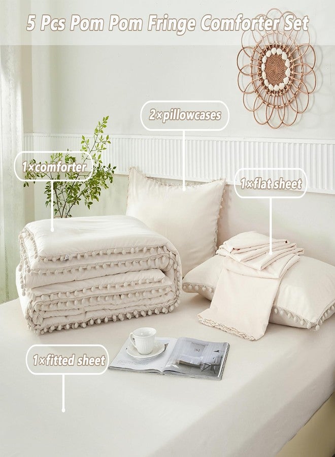 PERFEMET Beige Bed in A Bag Full Size 5 Pieces Aesthetic Pom Pom Bedding with Sheet Set Soft Fluffy Cream Boho Solid Bed Set for All Seasons(Beige Cream, Full) - Image 3
