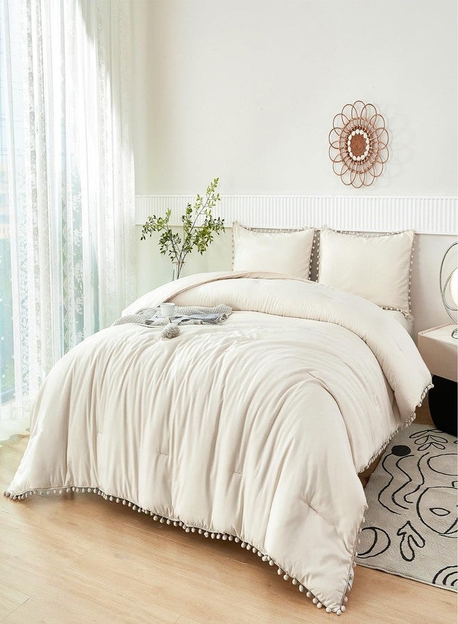 PERFEMET Beige Bed in A Bag Full Size 5 Pieces Aesthetic Pom Pom Bedding with Sheet Set Soft Fluffy Cream Boho Solid Bed Set for All Seasons(Beige Cream, Full) - Image 1