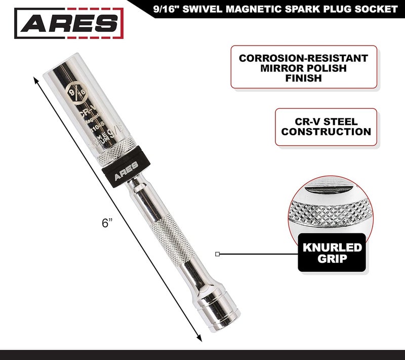 ARES 11048 – 3/8-Inch Drive by 9/16-Inch Magnetic Swivel Spark Plug Socket - 6-Inch Swivel Extension Permits Access to Most Confined Areas – Heavy Duty Retaining Ring - Image 3