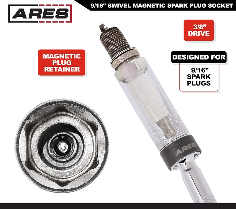 ARES 11048 – 3/8-Inch Drive by 9/16-Inch Magnetic Swivel Spark Plug Socket - 6-Inch Swivel Extension Permits Access to Most Confined Areas – Heavy Duty Retaining Ring - Image 2