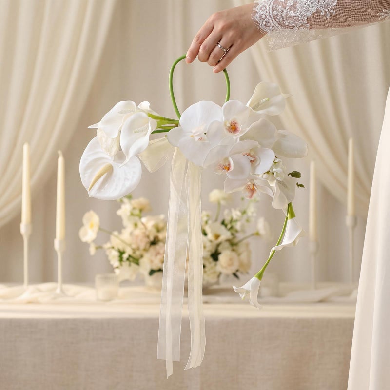 Glitinsel Calla Lily Bouquet for Wedding White Bridal Bag Bouquet with Handle Artificial Flowers for Ceremony Anniversary Wedding Bridal Shower Bridesmaid Church Decor Ramos De Novia para Boda - Image 2