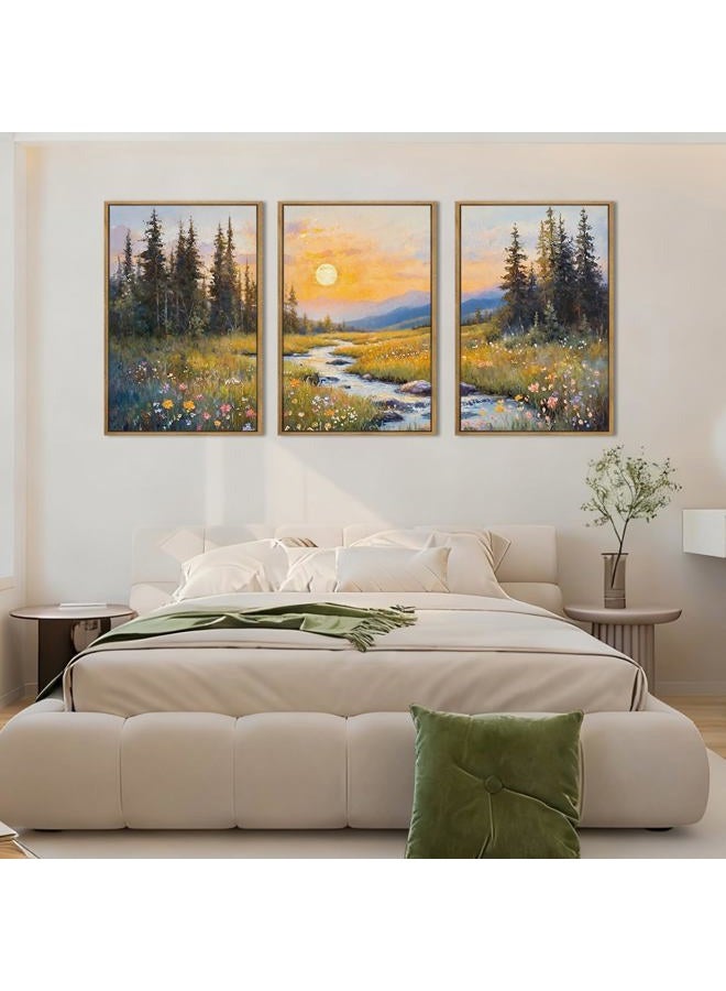IARTTOP Large Mountain Landscape Wall Art Framed 16x24 Inch Set of 3 Abstract Forest Canvas Wall Decor Nature Wildflower botanical Artwork for Living room Bedroom Dining room - Image 3