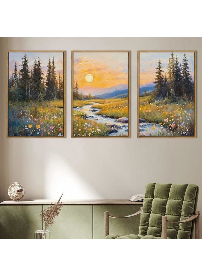 IARTTOP Large Mountain Landscape Wall Art Framed 16x24 Inch Set of 3 Abstract Forest Canvas Wall Decor Nature Wildflower botanical Artwork for Living room Bedroom Dining room - Image 1