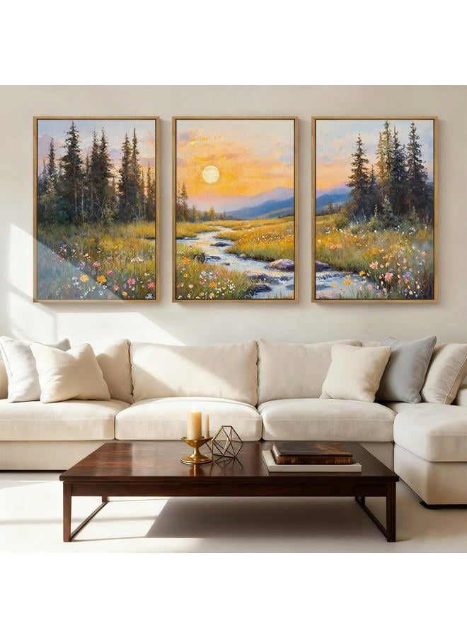 IARTTOP Large Mountain Landscape Wall Art Framed 16x24 Inch Set of 3 Abstract Forest Canvas Wall Decor Nature Wildflower botanical Artwork for Living room Bedroom Dining room - Image 4