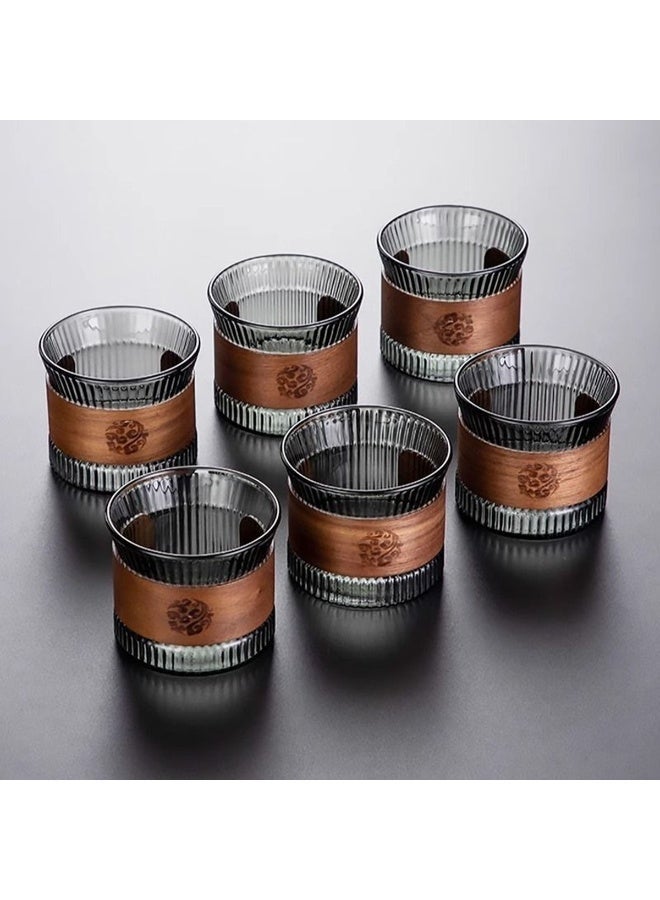 TDAO 6-Packs Lightweight Glass Coffee/Tea Cup with Removable Wooden Sleeves Teacup Set, Classic Sophisticated Grey High Boron Glass Coffee Mug, Tea Mug, Anti Scalding Coffee Cup 150ML - Image 2
