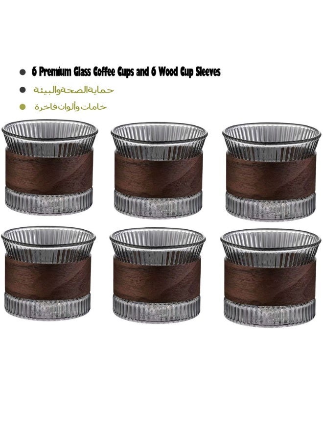 TDAO 6-Packs Lightweight Glass Coffee/Tea Cup with Removable Wooden Sleeves Teacup Set, Classic Sophisticated Grey High Boron Glass Coffee Mug, Tea Mug, Anti Scalding Coffee Cup 150ML - Image 1