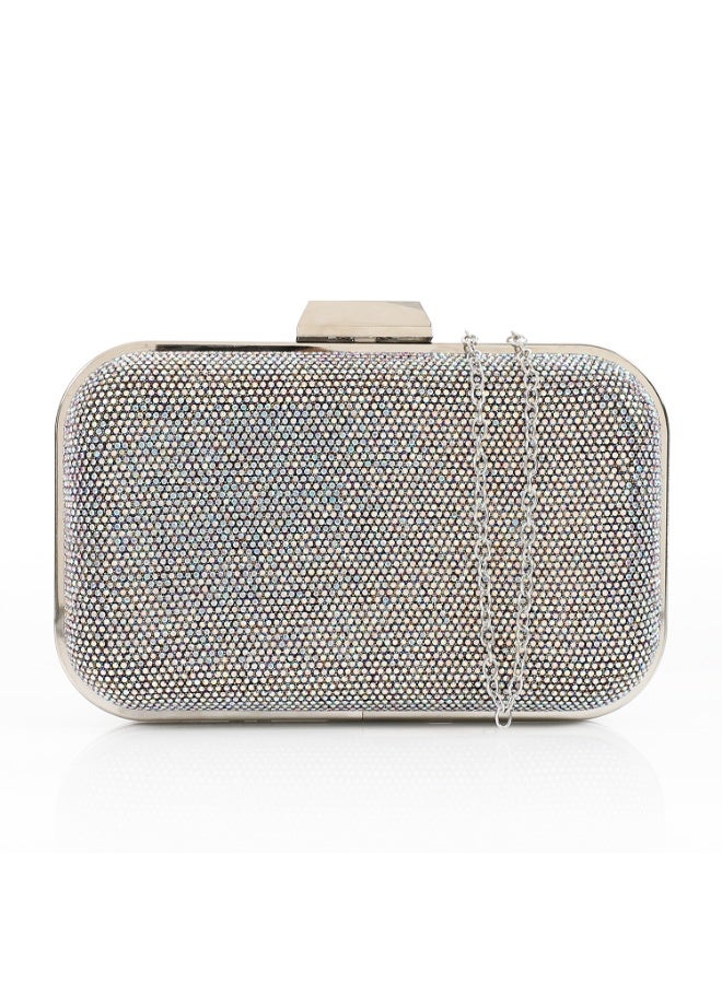 Mr.Joe Elegant SilverTextured Hard case Clutch with Chain Strap -4169 - Image 1