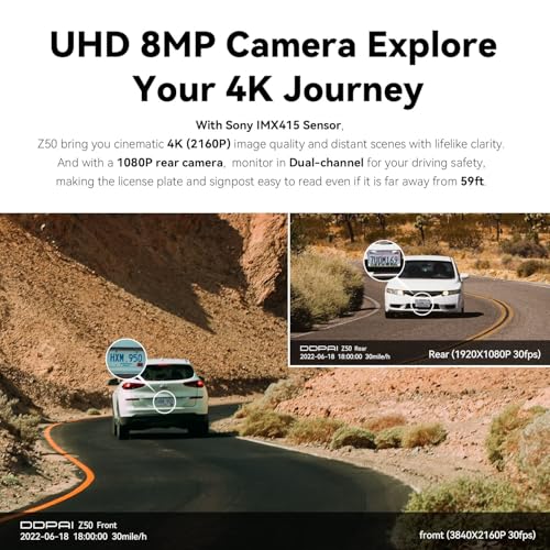 DDPAI True 4K UHD Dual Dash Cam for Car Front and Rear | 8MP Front + 3MP Rear, STARVIS IMX415 Sensor, Built-in GPS, ADAS, Night Vision, Wi-Fi & App Control, 2.3" LCD - Image 2