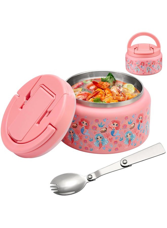 BABHAMNESS 13.5oz Soup Thermo for Hot Food Kids Insulated Vacuum Food Jar with Buckle Lid,Wide Mouth Leakproof Stainless Steel Lunch Container with Spoon-Mermaid - Image 1