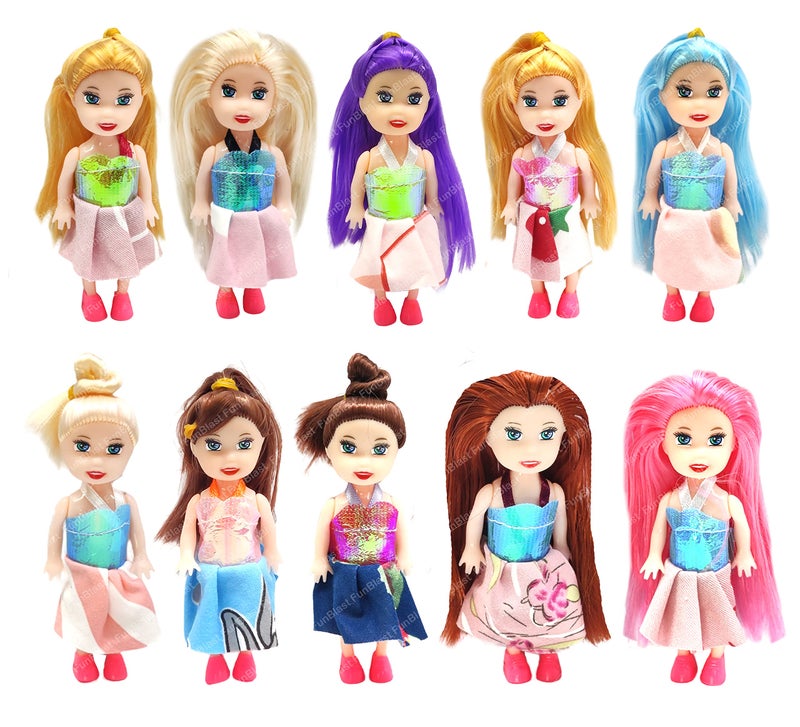 FunBlast Doll Toys for Kids, (Pack of 10 Pcs)- Small Doll for Girls- 10 CM Cute Realistic Dolls for Girls, Dolls for 3+ Years Girls (10Pcs, Multicolor) (Dress Color May Vary) - Image 1
