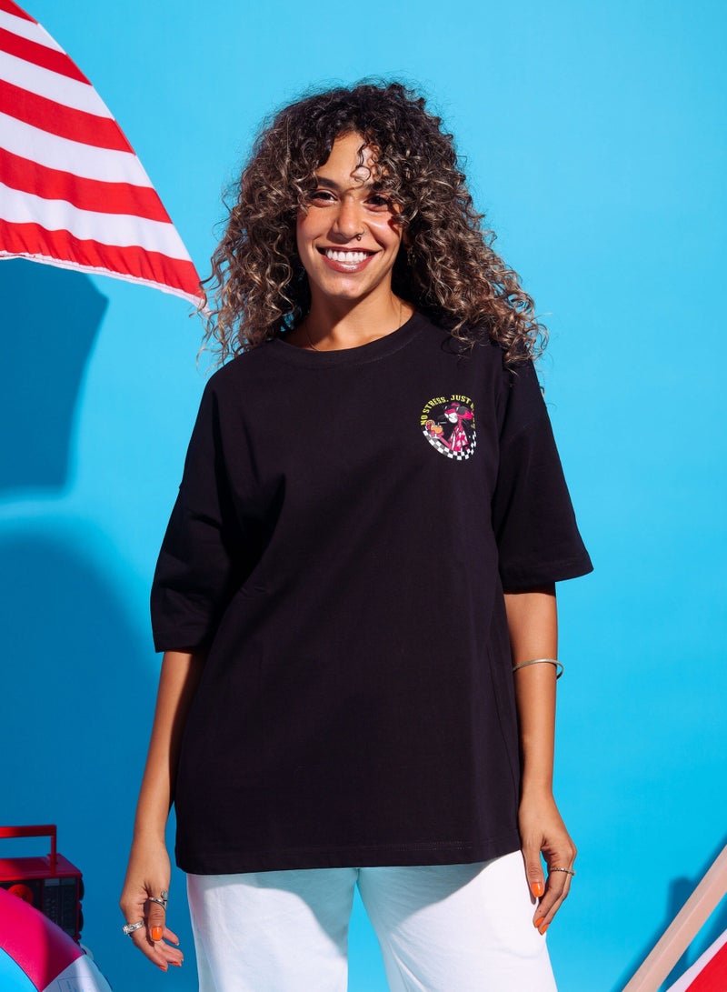 BURGUNDY Spread positivity and good vibes with our Pink Panther Black Oversized T-shirt with ‘No Stress Just Bliss’ Statement. Made from soft and breathable Cotton, designed to keep you feeling relaxed and carefree while reminding you to prioritize your well-being. Perfect for casual outings, lounging at home, or simply enjoying the sunny weather.  - Image 1