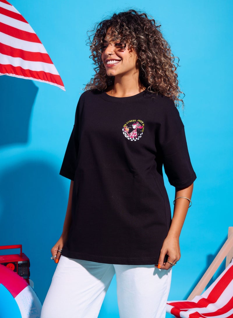 BURGUNDY Spread positivity and good vibes with our Pink Panther Black Oversized T-shirt with ‘No Stress Just Bliss’ Statement. Made from soft and breathable Cotton, designed to keep you feeling relaxed and carefree while reminding you to prioritize your well-being. Perfect for casual outings, lounging at home, or simply enjoying the sunny weather.  - Image 2