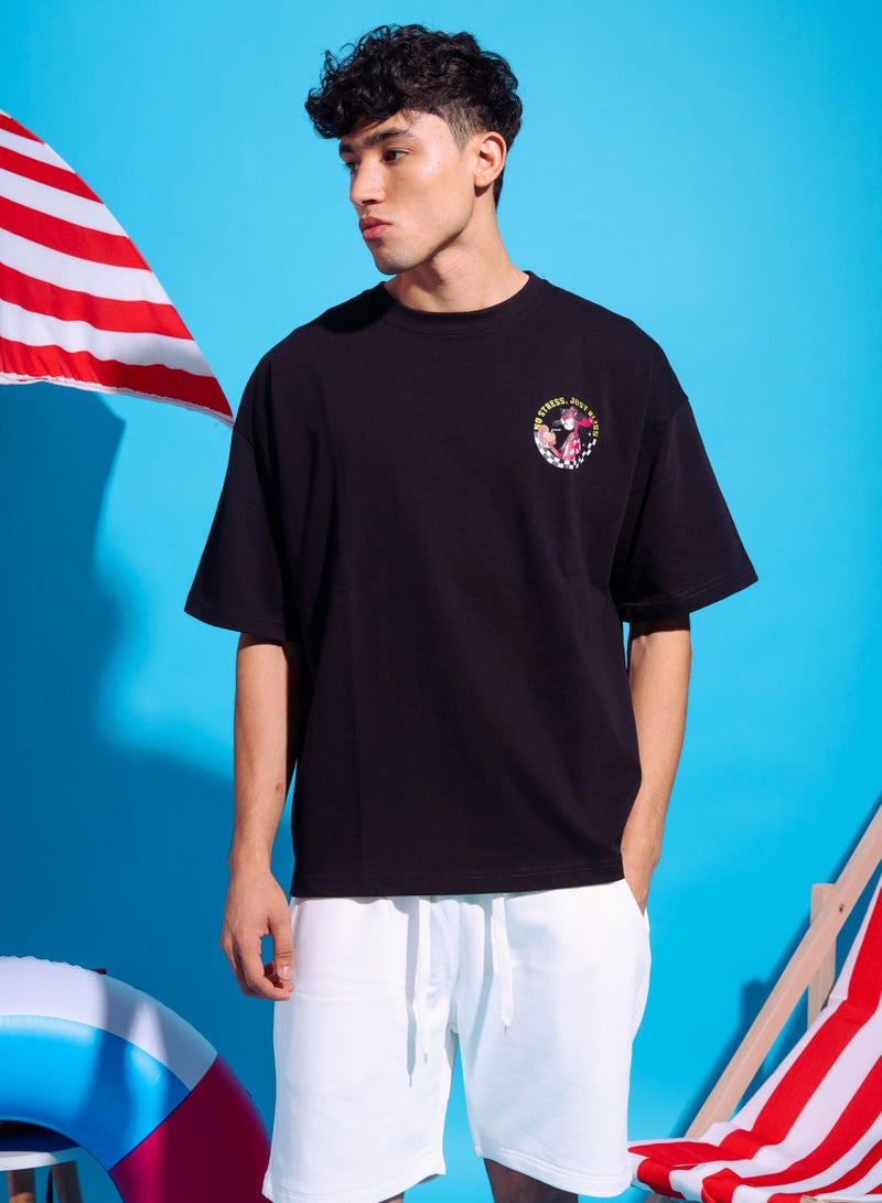 BURGUNDY Spread positivity and good vibes with our Pink Panther Black Oversized T-shirt with ‘No Stress Just Bliss’ Statement. Made from soft and breathable Cotton, designed to keep you feeling relaxed and carefree while reminding you to prioritize your well-being. Perfect for casual outings, lounging at home, or simply enjoying the sunny weather.  - Image 5