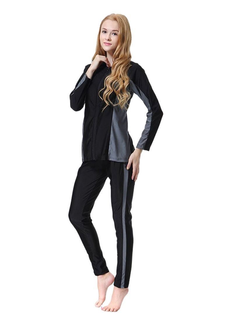 3-Piece Long Sleeve Swimsuit Set With Cap Black/Grey - Image 3