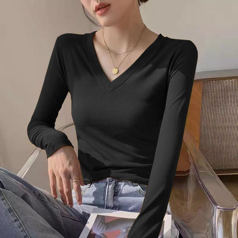 Thread Solid Color V-Neck Bottoming Shirt Inner Wear Slim Slimming Long Sleeve T-Shirt Women'S Top - Image 3