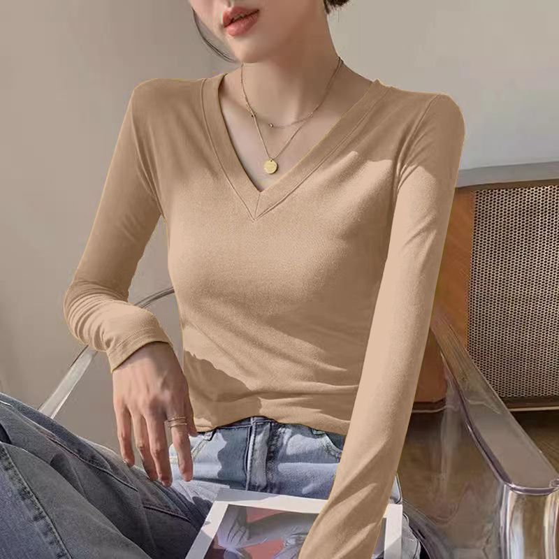Thread Solid Color V-Neck Bottoming Shirt Inner Wear Slim Slimming Long Sleeve T-Shirt Women'S Top - Image 4