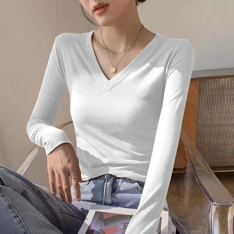 Thread Solid Color V-Neck Bottoming Shirt Inner Wear Slim Slimming Long Sleeve T-Shirt Women'S Top - Image 2