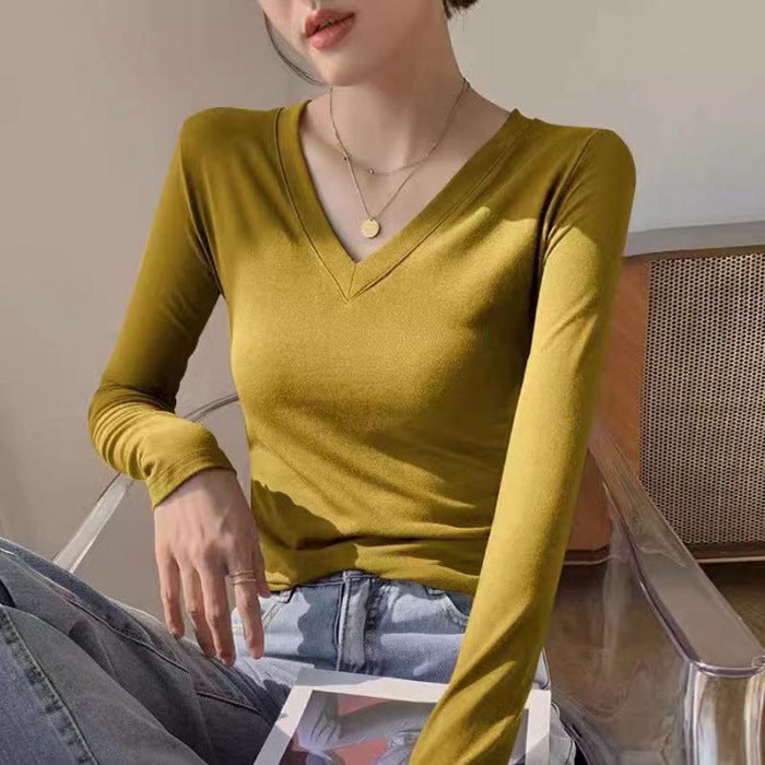 Thread Solid Color V-Neck Bottoming Shirt Inner Wear Slim Slimming Long Sleeve T-Shirt Women'S Top - Image 1
