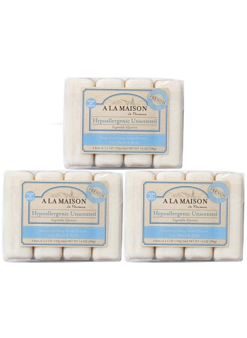 صابون A LA MAISON المضاد للحساسية وغير المعطر - صابون طبيعي مرطب لليدين مطحون ثلاث مرات على الطريقة الفرنسية (12 قطعة صابون، 3.5 أونصة)