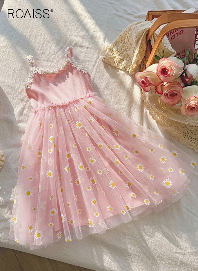 roaiss Girls Summer Tulle Dresses, Stylish Sleeveless A-line Dress with Daisy Patterns, Flower-patterned Camisole Dress, Elegant Princess Dress for Little Girls, Suitable for Daily Wear and Outdoor Activities - Image 4