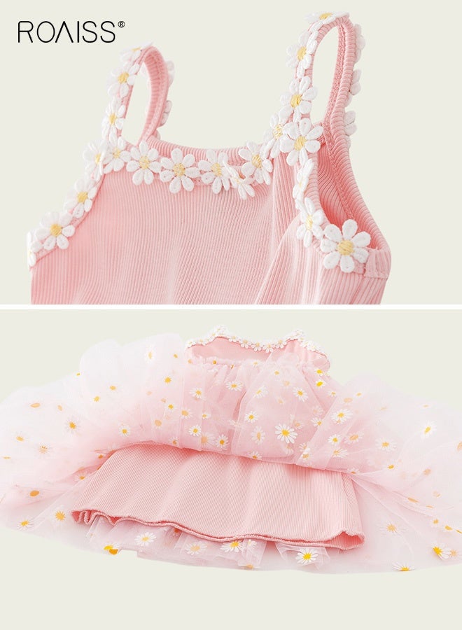 roaiss Girls Summer Tulle Dresses, Stylish Sleeveless A-line Dress with Daisy Patterns, Flower-patterned Camisole Dress, Elegant Princess Dress for Little Girls, Suitable for Daily Wear and Outdoor Activities - Image 3