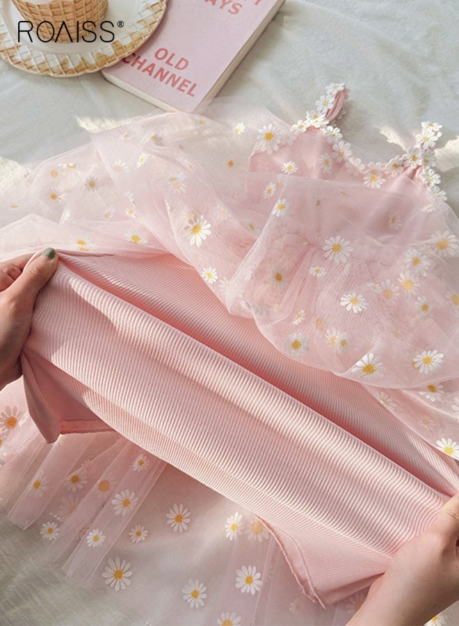 roaiss Girls Summer Tulle Dresses, Stylish Sleeveless A-line Dress with Daisy Patterns, Flower-patterned Camisole Dress, Elegant Princess Dress for Little Girls, Suitable for Daily Wear and Outdoor Activities - Image 2