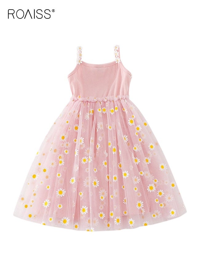 roaiss Girls Summer Tulle Dresses, Stylish Sleeveless A-line Dress with Daisy Patterns, Flower-patterned Camisole Dress, Elegant Princess Dress for Little Girls, Suitable for Daily Wear and Outdoor Activities - Image 5