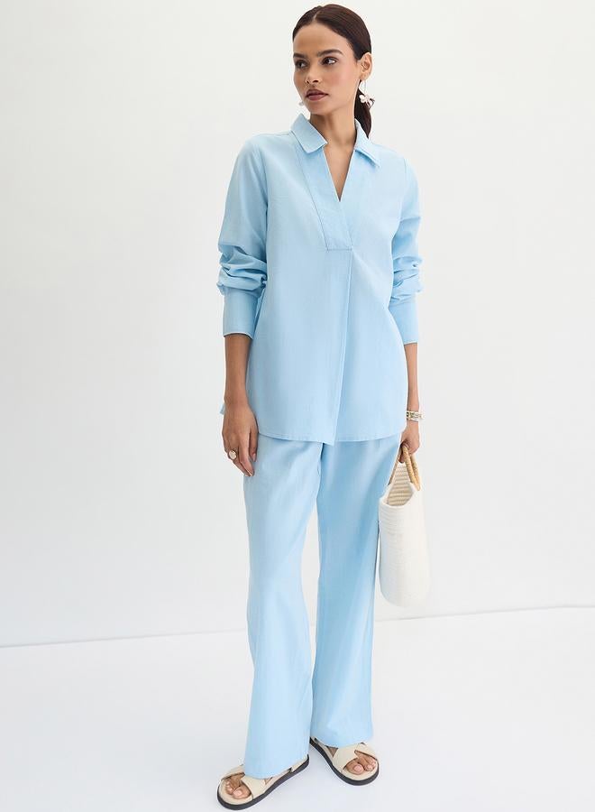Femmella Light Blue Cotton Linen Straight Pants - Image 1