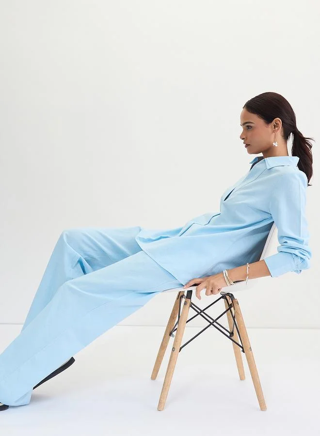 Femmella Light Blue Cotton Linen Straight Pants